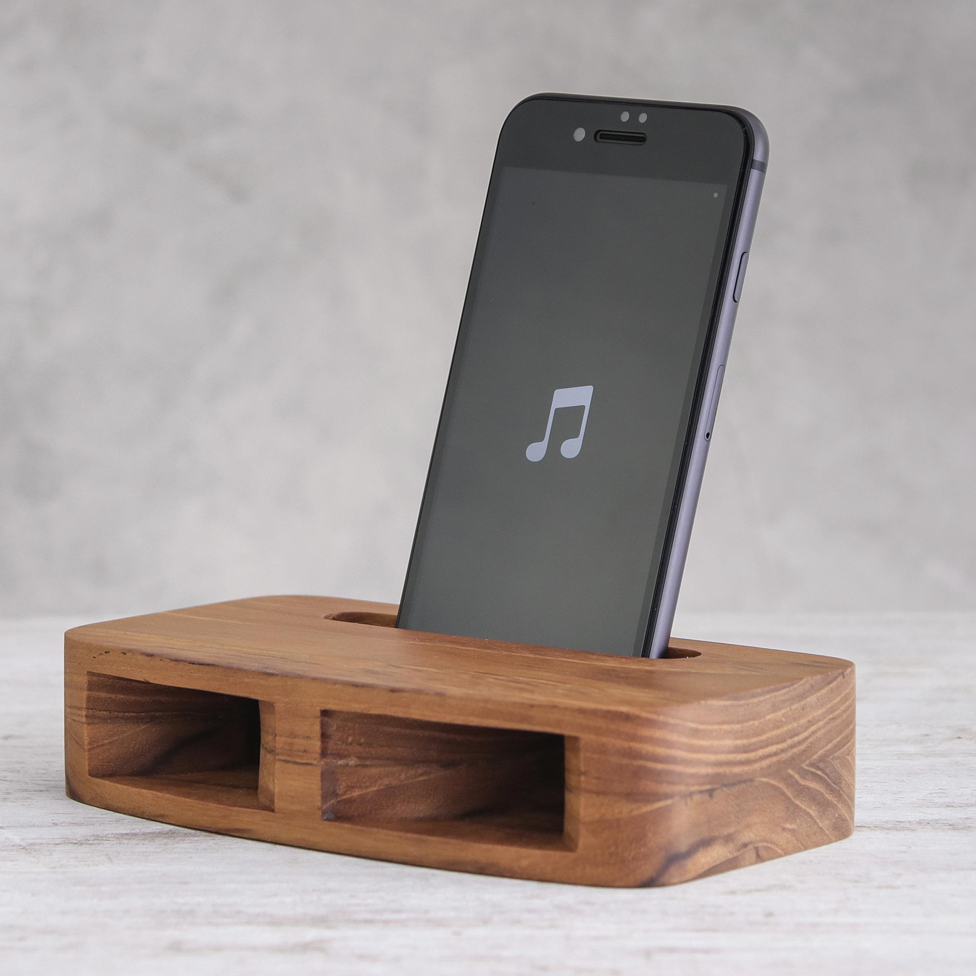 NOVICA - Two-Horn Teak Wood Phone Speaker from Thailand, "Teak Decibel"